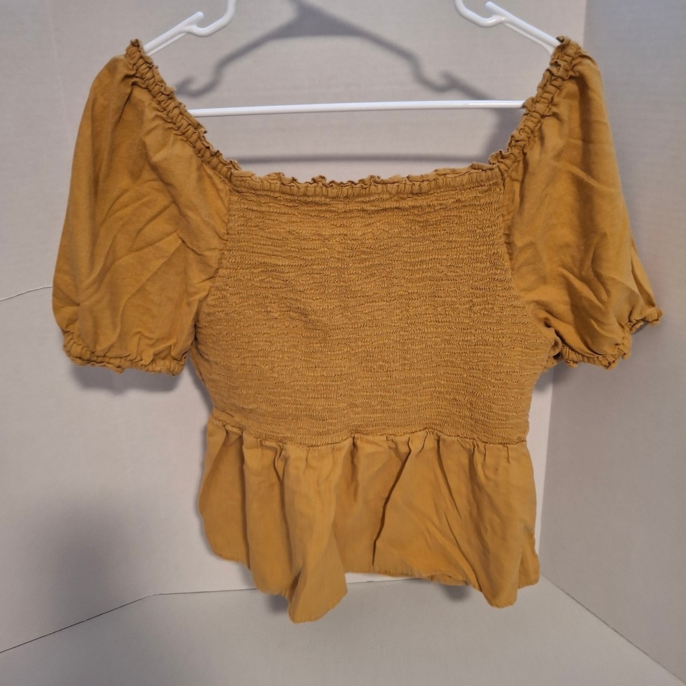 OLD NAVY Womens Yellow Linen Blend Smocked Peplum Top Square Neck Puff Sleeve L - Picture 2 of 7